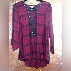 Maroon and Black Deep Vneck Plaid Shirt